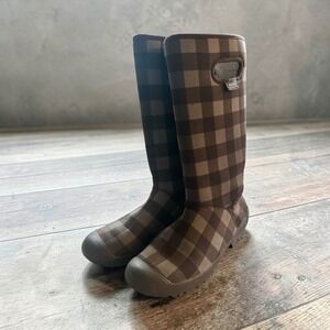 Bogs Waterproof Tall Boots Womens 8 Brown Plaid Faux Fur Rain Snow 71317-050